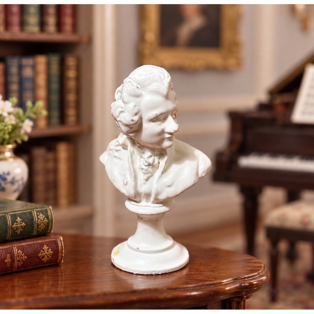 Vintage Mozart Bust 1:12 Dollhouse Miniature Pewter Statue White Baroque 2.5in
